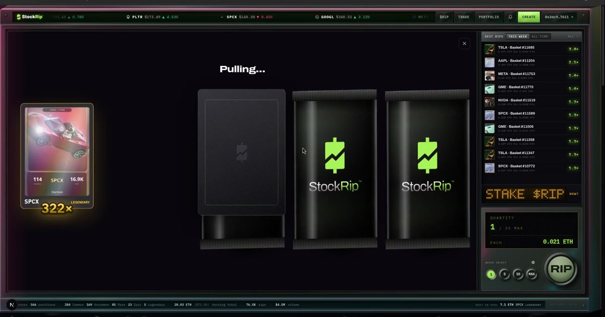 A pack opening in the StockRip demo, revealing a Legendary card at 322x