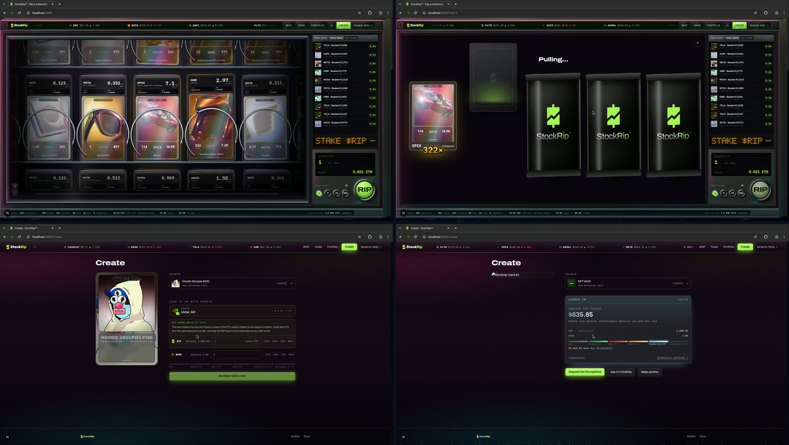 Four frames from the finished clip: the vending machine, packs opening on a Legendary pull, the card builder, and the minted card