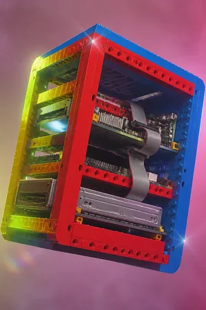 Card art: a server rack built out of plastic bricks